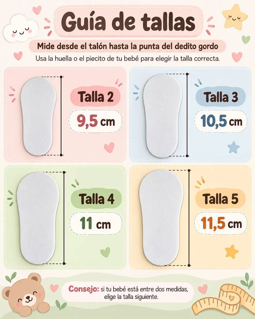 Guía oficial de tallas 2: 9,5 cm; 3: 10,5 cm; 4: 11 cm; 5: 11,5 cm